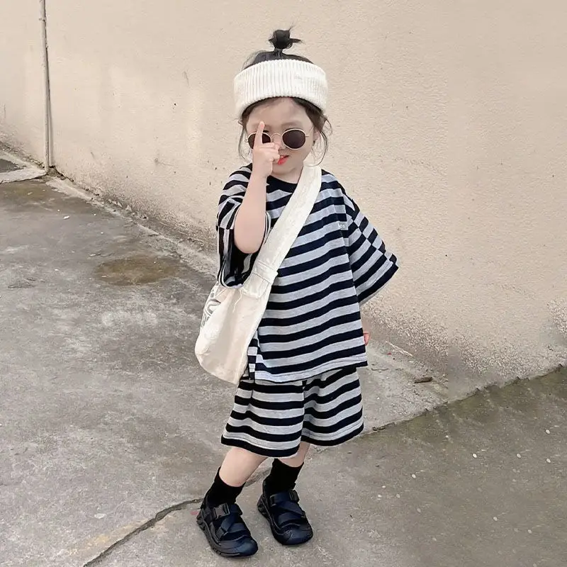 

Girls 2022 Summer New Children'S Clothing Children'S Striped Short-Sleeved T-Shirt Children'S Casual Shorts Baby Suit Tide