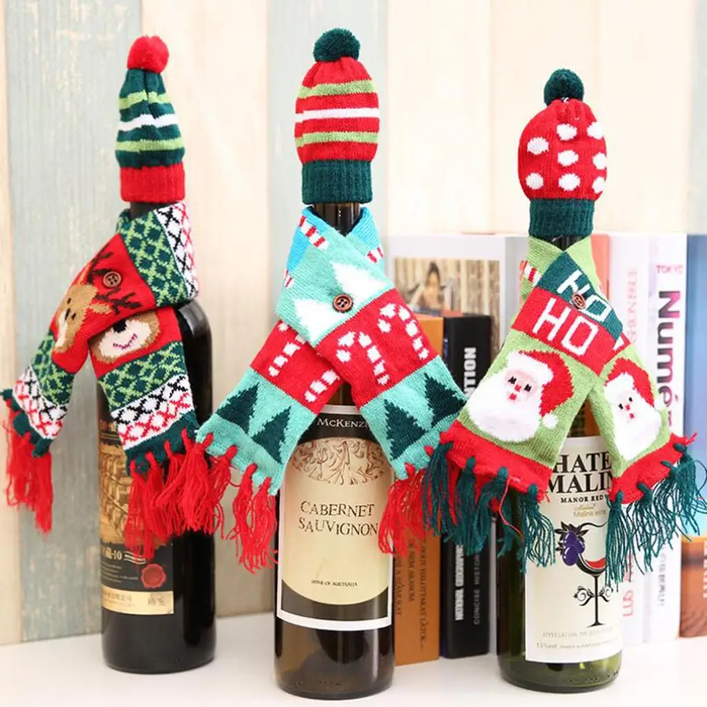 

Set of Knitted Scarf & Hat Christmas Wine Bottle Covers Home XMAS Decoration