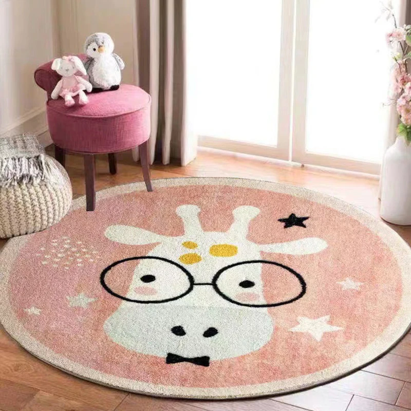 

Cute Animal Print Children Carpet Simple Rainbow Girl Bedroom Decoration Bedside Round Rugs Chair Floor Mat Washable