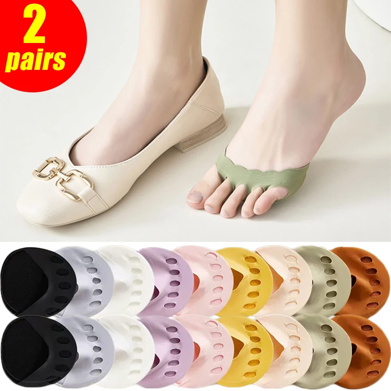 

2Pairs Half Palm Socks Spring/Summer Thin Women's Invisible Five Finger Sock Shallow Heel Shoes Pure Cotton Front Sole Socks