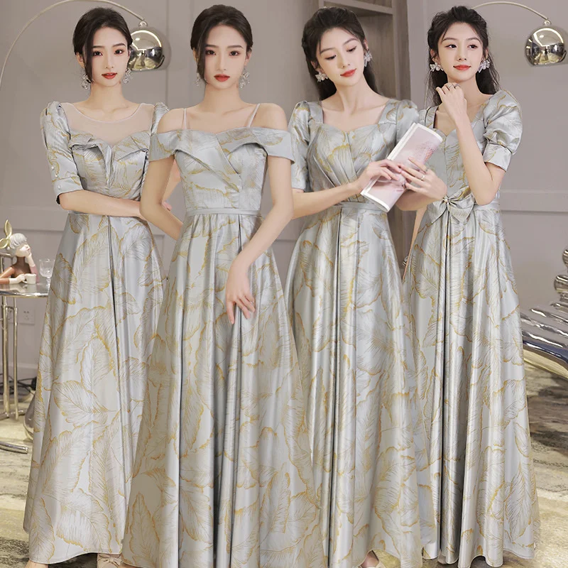 

Satin grey bridesmaid evening dress female wedding sister group dress skirt length can be worn at ordinary times