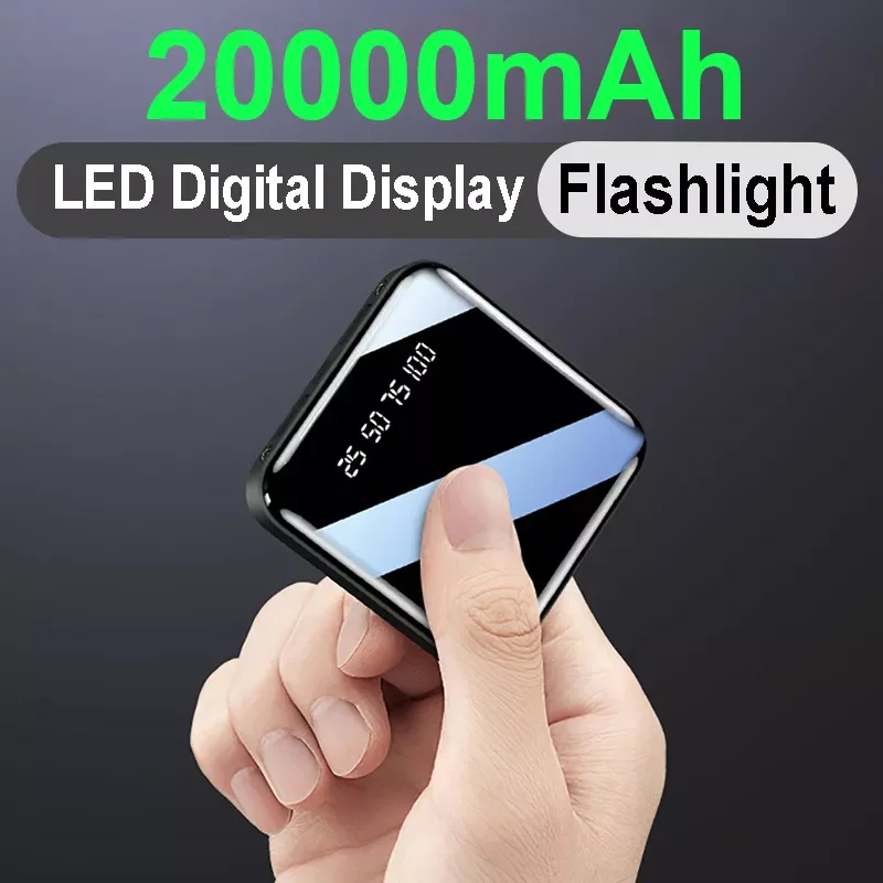 

20000mAh Mini Power Bank LED Digital Display External Battery For Iphone 1213Pro Mirror Screen Flashlight Portable Powerbank