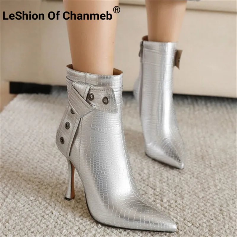 

LeShion of Chanmeb Crocodile Patent Leather Boots Women Thin High Heels Pointy Toe Bow-tie Knot Ankle Short Boot Sexy Lady Shoes