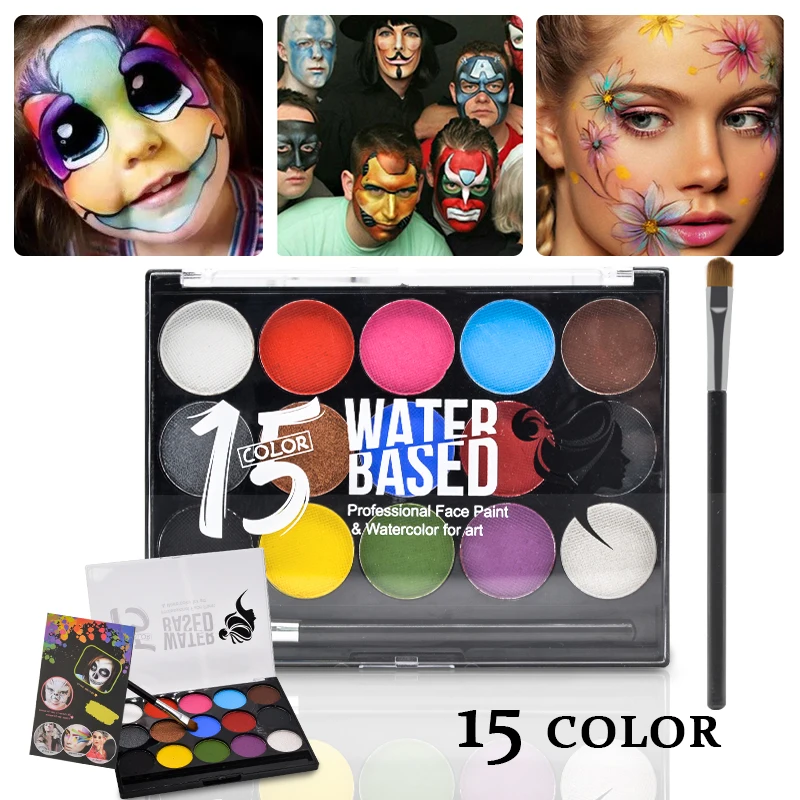 15 Colors Face Painting Body Makeup Non Toxic Safe Water based With Brush Christmas Halloween Party kids face paint palette bulk