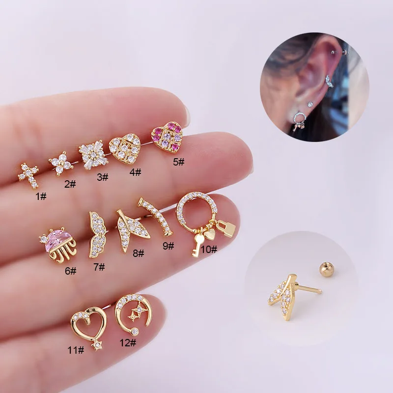 

1Piece Zircon Cross Heart Earrings for Women Fashion Trend Screw Back Ear Cuffs Stainless Steel Jewelry Piercing Stud Earrings