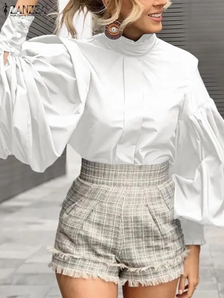 ZANZEA Женская Блузка С Длинными Рукавами-фонариками Повседневная Складная Офисная