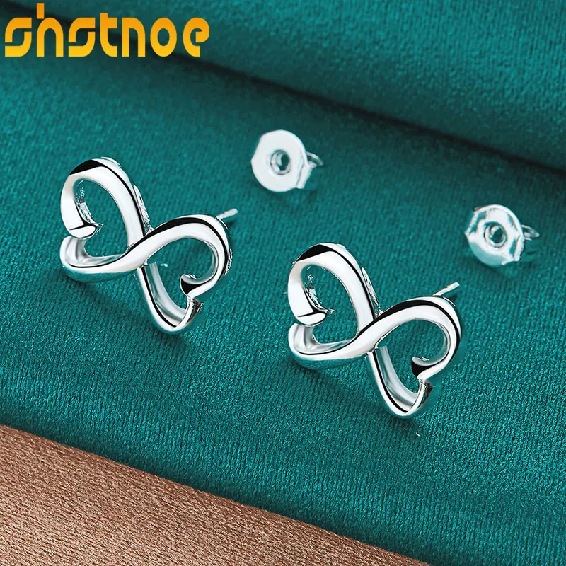 

925 Sterling Silver Double Heart Stud Earrings For Women Party Engagement Wedding Gift Fashion Jewelry