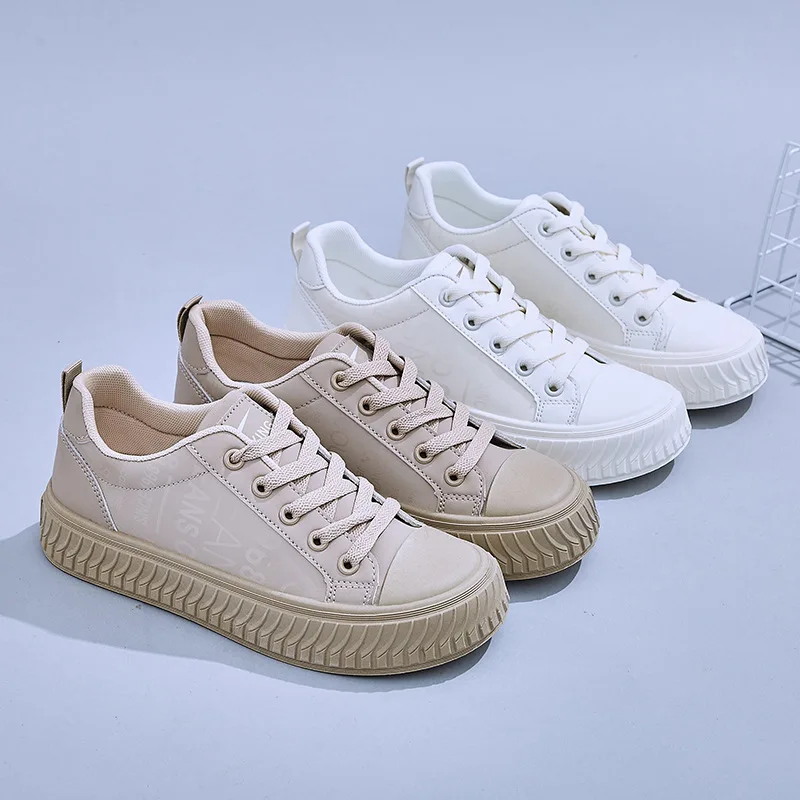 

Shoes For Women 2023 Flats Tennis Female Khaki Platform Sneakers Ladies PU Waterproof Increase Height Student Running Skateboard