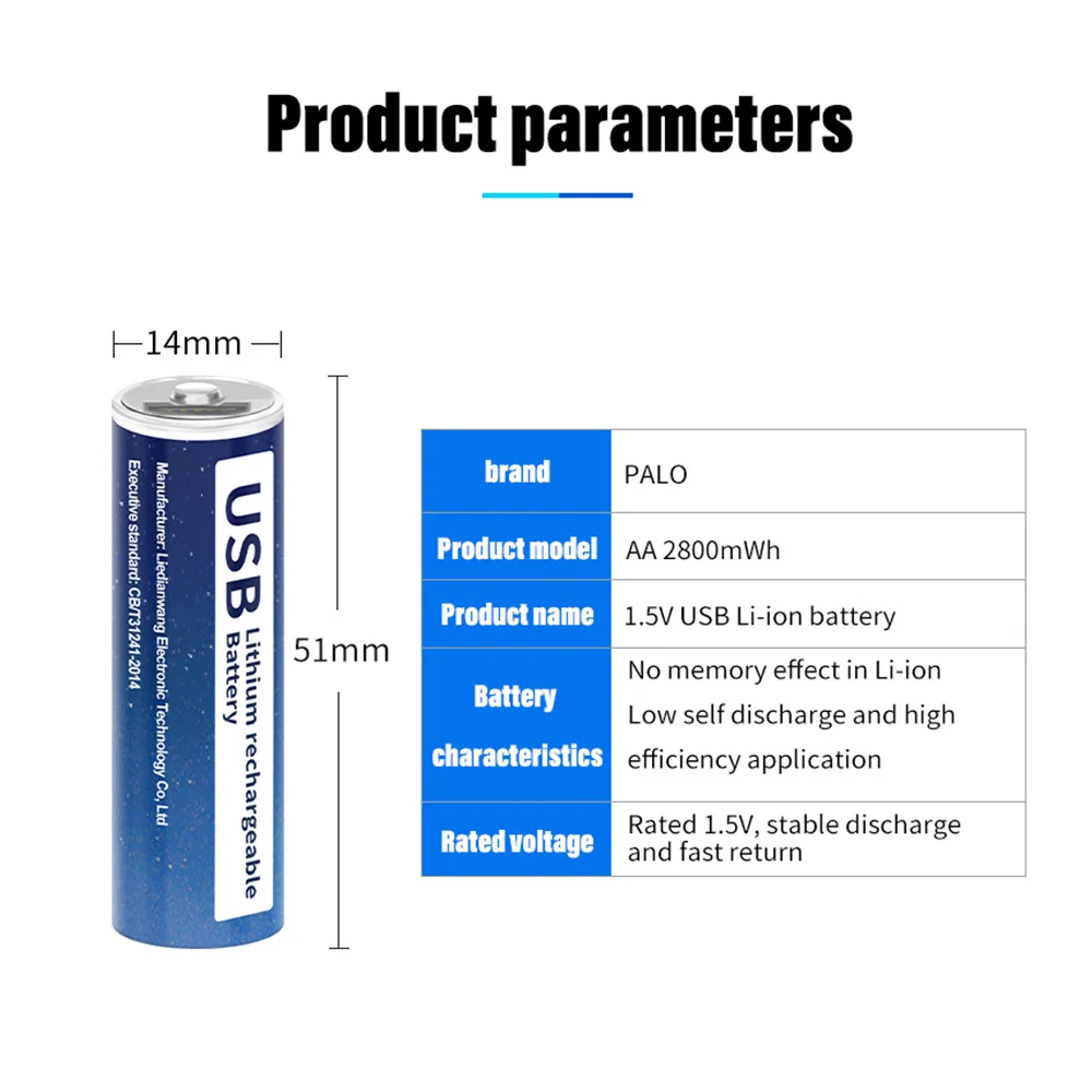 PALO 2800mWh 1.5V Li-ion AA Перезаряжаемая батарея Li-Polymer USB литий с кабелем для проигрывателя мыши.