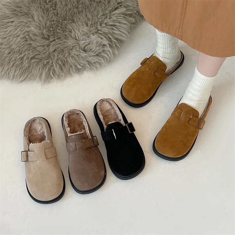 

Female Shoes Slippers Flat Slides Low Loafers Flock Cover Toe 2022 Short Plush Rubber Retro Basic with Loafers Cover Toe Female