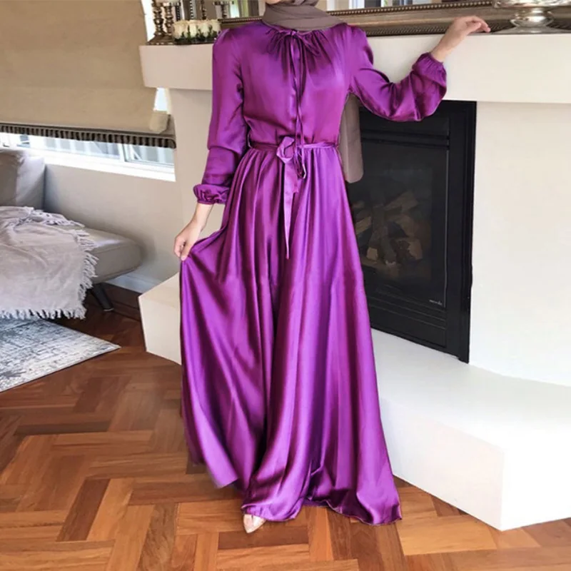 Soft Tunic Dress Elegant Satin Robes Dubai Autumn Vestidos Arabes Dubai Y Turcos Middle East Abaye for Women Caftan Marocain