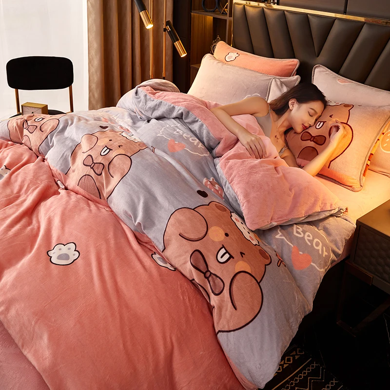 

Cartoon Bear Winter Flannel Duvet Cover 1pcs Solid Color Soft Warm Coral Fleece Keep Warm Bed Quilt Covers 220x240 Wash bedding