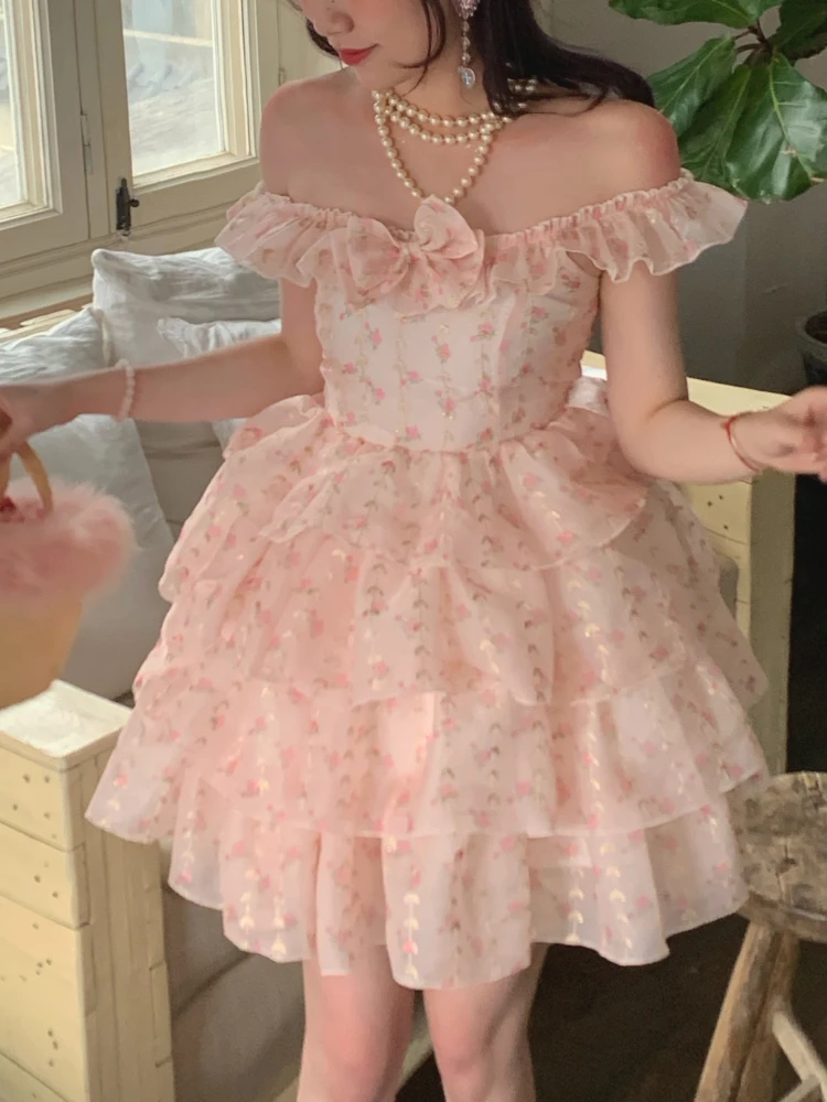 

Женское летнее мини-платье в Корейском стиле, розовое платье в стиле «лолита» с цветочным принтом и бантом, 2022
