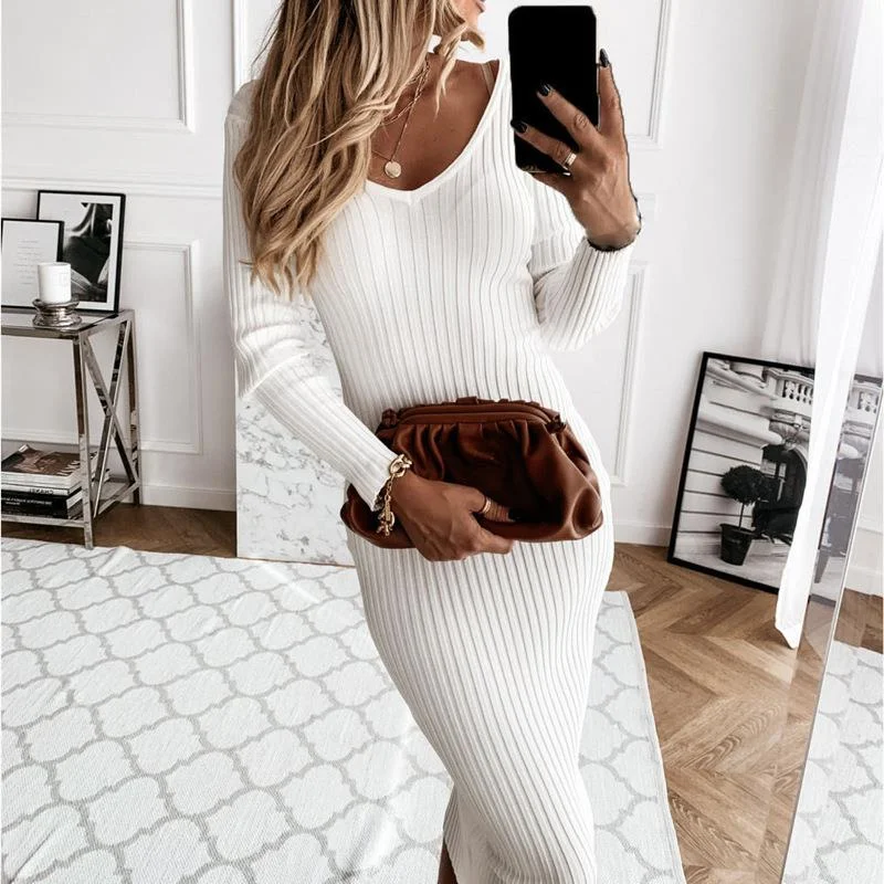 Women's Dress Autumn Winter Fashion Knitted Sexy V-neck Bodycon Long Sleeve Midi Dresses Pencil Maxi Oversized Robe XS-5XL