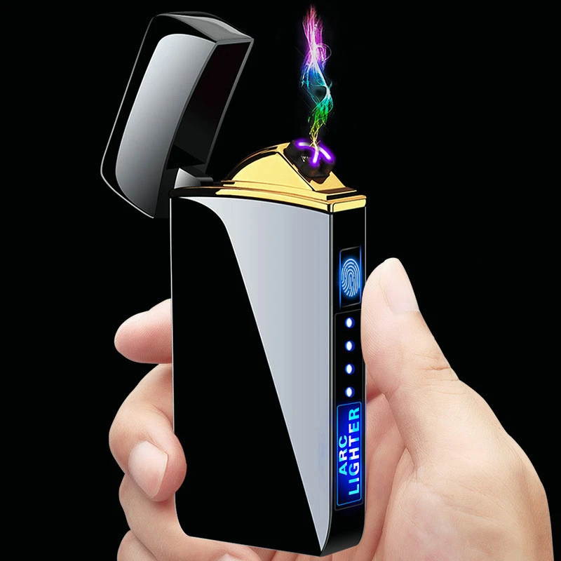 

Windproof Metal Flameless Electric Lighter Dual Arc Plasma USB Lighter LED Power Display Touch Induction Lighter