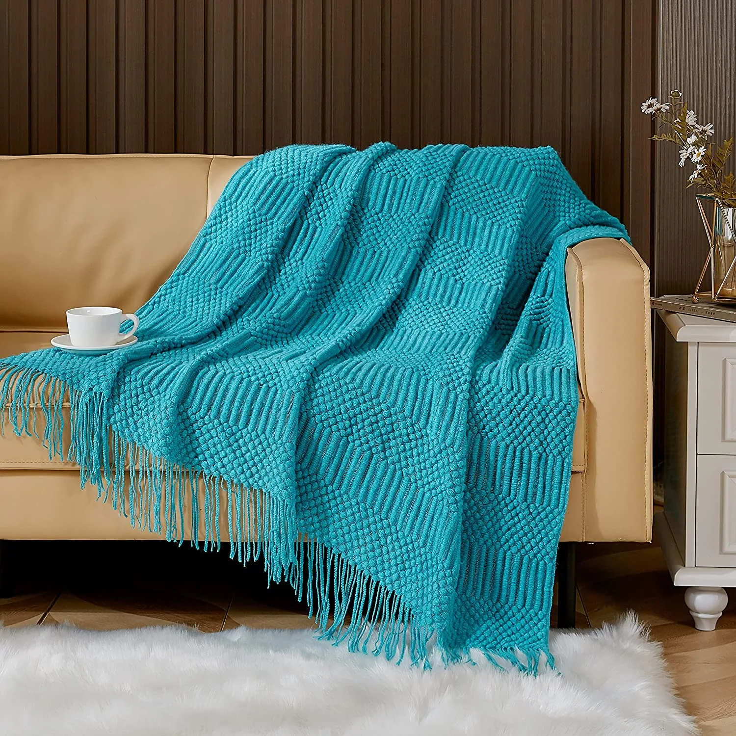 

Inya Navy All Throw Blanket for Couch Sofa Bed Decorative Knitted Blanket with Tassels, Soft Lightweight Cozy Textured Blankets