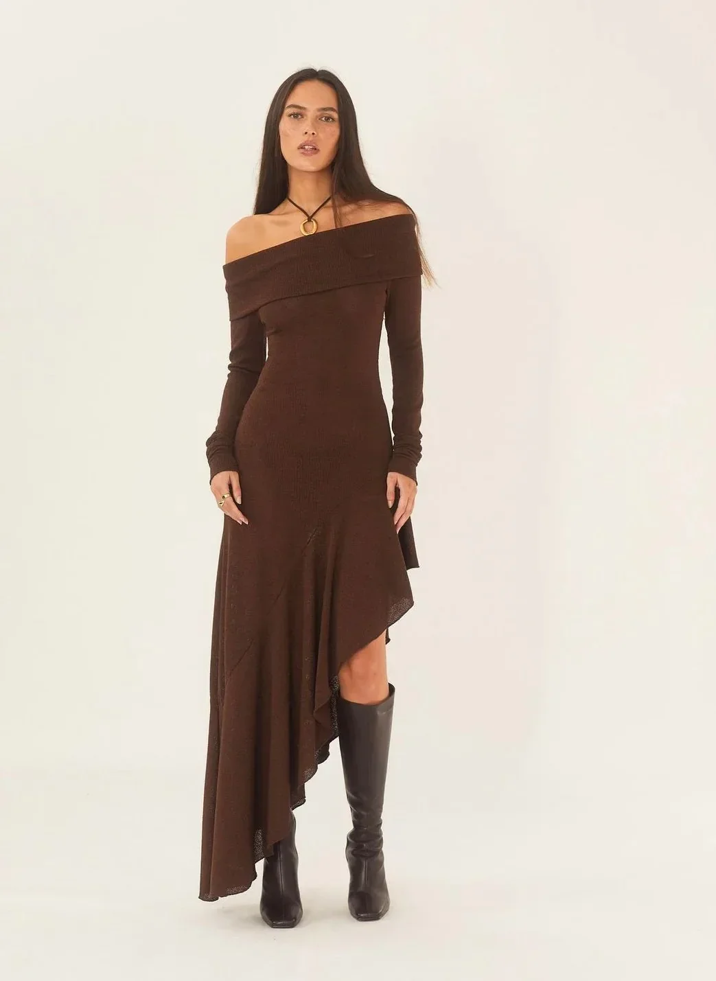 Kahaki длинное платье с открытыми плечами и длинными рукавами оборками сексуальное