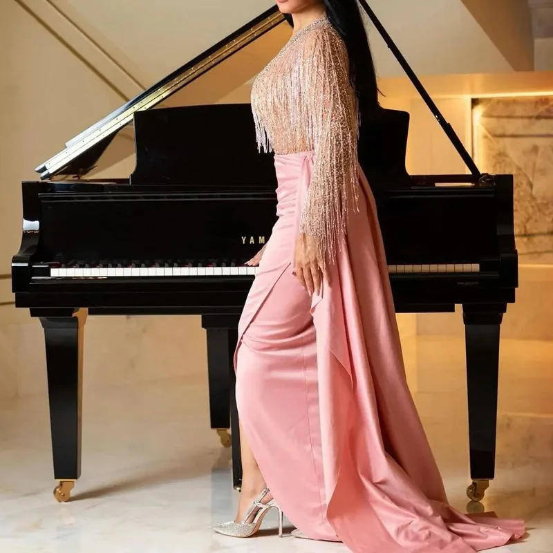 2022 New arrival fashion sexy V-neck tassel slim fit elegant split gown long sleeved temperament casual ladies evening dress