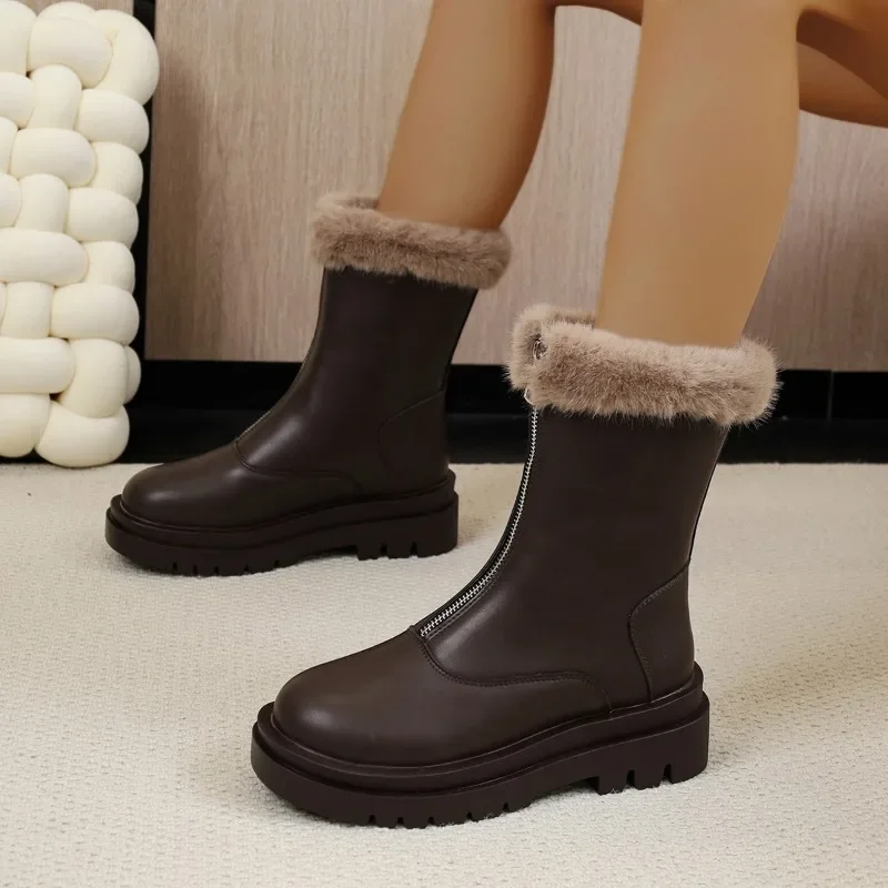 

Новинка 2023, короткие ботинки, однотонные зимние универсальные утепленные женские ботинки на толстом каблуке и молнии спереди, ботинки челси в британском стиле