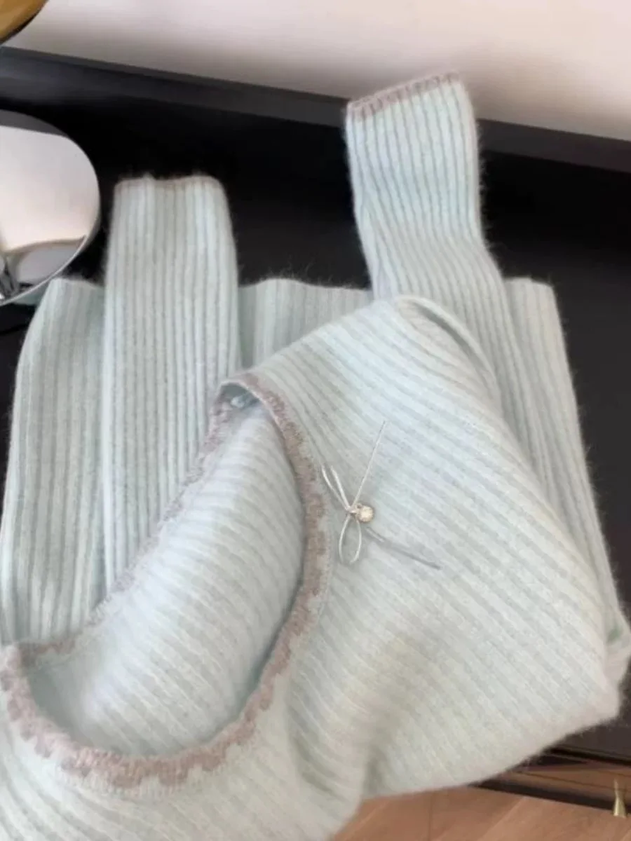 Осень-зима 2024 новый милый вязаный свитер женский пуловер с бантом внутренняя