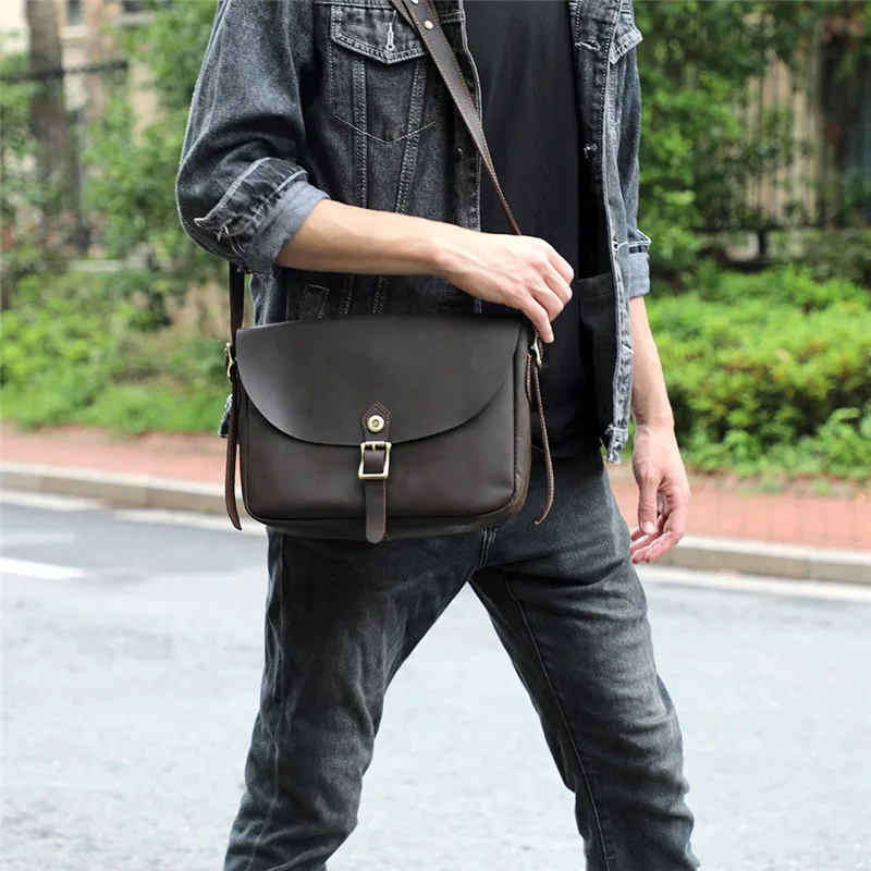 Fashion retro top crazy horse cowhide men's coffee messenger bag everyday outdoor youth mobile phone storage single shoulder bag