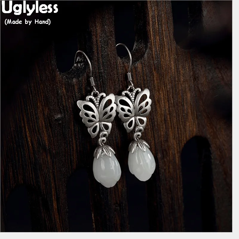 

Uglyless Real 925 Sterling Silver Handmade Hollow Butterfly Earrings for Women Jade Magnolia Earrings Gemstones Flower Bijoux