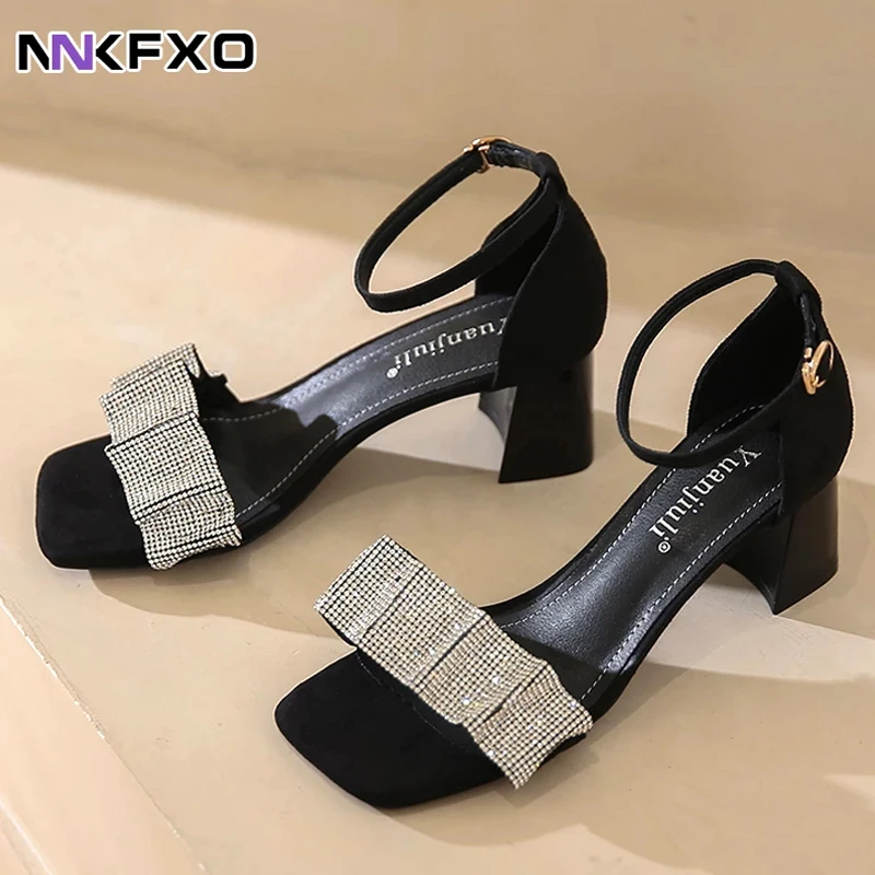 

Women's shoes 2022 summer new rhinestone open toe high-heeled sandals women's thick heels fashion party net red ing trendy 6cm