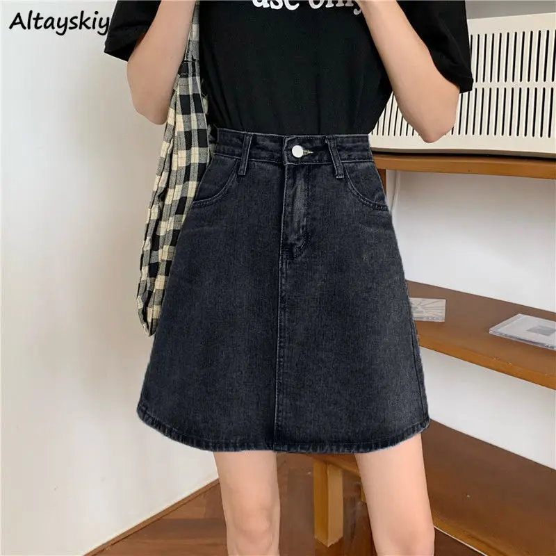 

Женская джинсовая мини-юбка с завышенной талией, трапециевидная летняя модная уличная одежда, простая универсальная новая базовая юбка в молодежном Корейском стиле