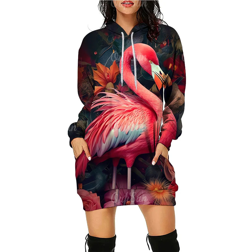 

Женское платье-свитшот с капюшоном, Повседневный пуловер средней длины с 3D-принтом фламинго, модное зимнее платье-оверсайз