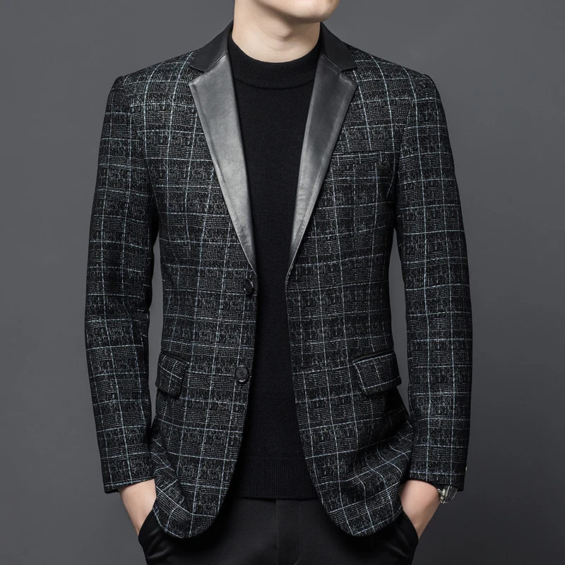 Джентльменские кожаные пиджаки в клетку для мужчин костюмы из овчины облегающие