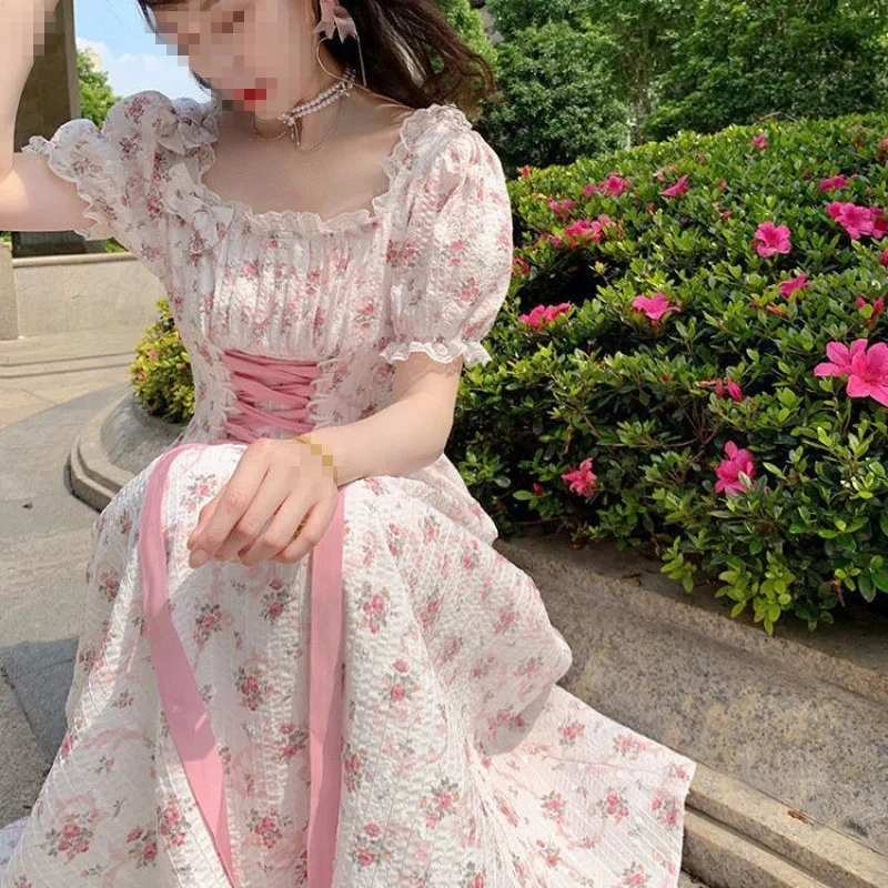 

Elegant Floral Dress Women Lace Up Korean Princess Fairy Sweet Midi Dress Bandage Chic Designer Puff Sleeve Casual Dress Summer