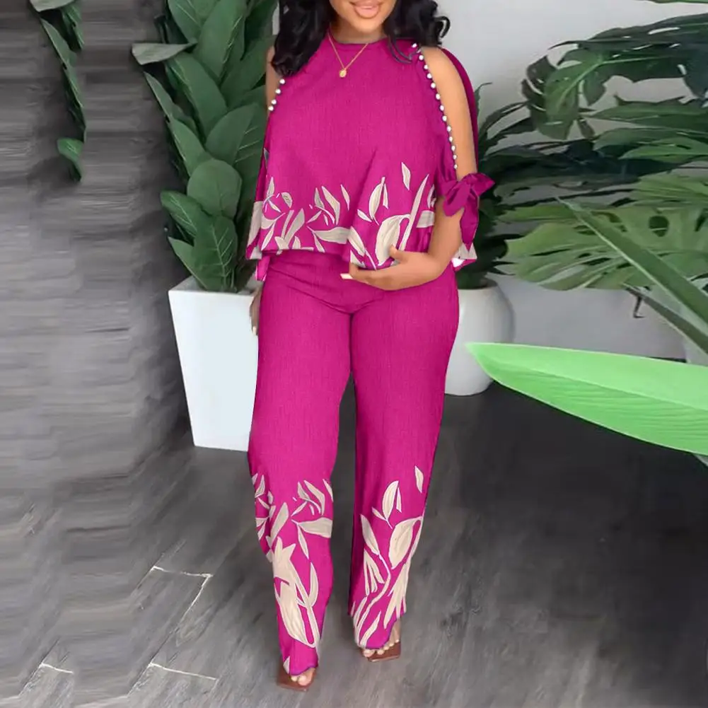 

2Pcs/Set Beads Decor Leaves Print Office Lady Outfit Cold Shoulder Half Sleeve T-shirt High Waist Long Pants Set For Summer