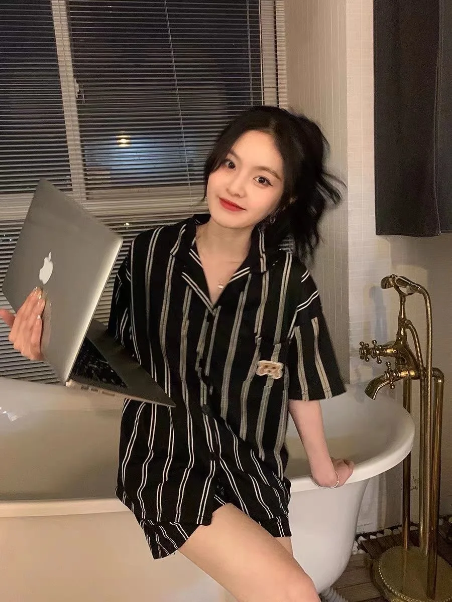 Pijama Summer Nightwear Female Short Sleeve ins cartoon cute bear pocket print Student Korean cardigan home suit