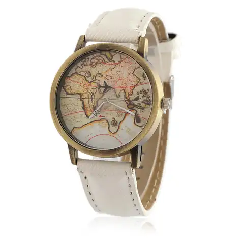 Часы наручные мужские/женские кварцевые с кожаным ремешком и картой мира