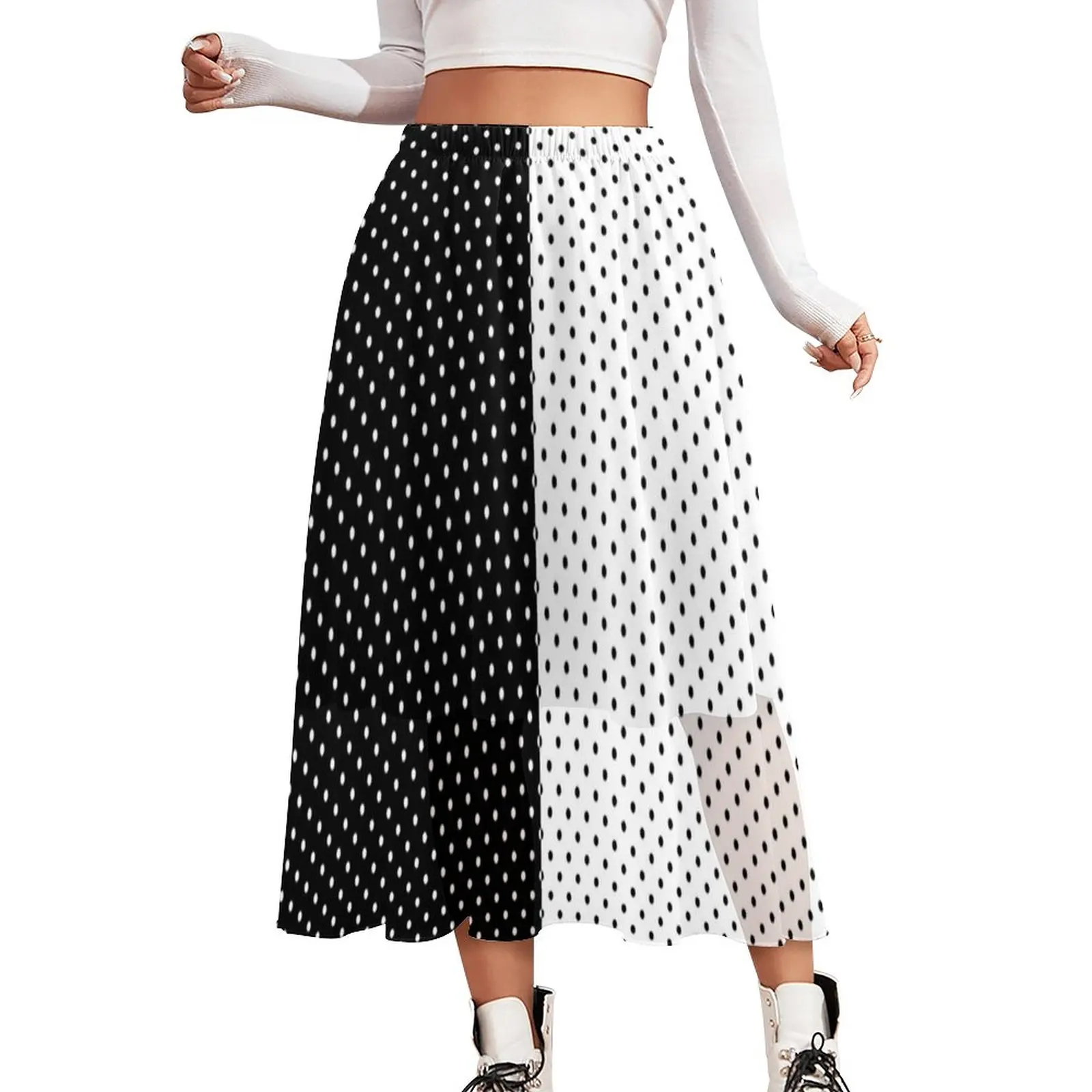 

Black And White Two Tone Skirt Retro Polka Dot Cute Long Skirts Elastic Waist Print Korean Fashion A-line Skirt Big Size 3XL 3XL