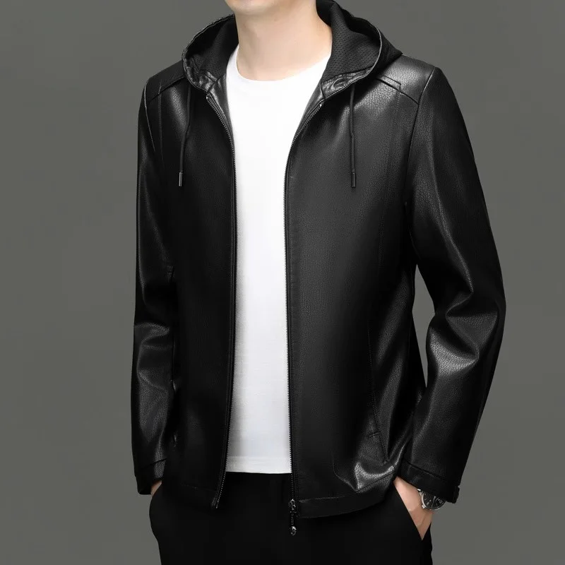 Мужское кожаное пальто Дятел новинка осени 2024 свободный капюшон мотоциклетная