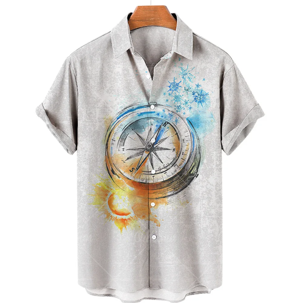 2023 Retro Shirt Clock Shirt Hawaiian Shirt Summer Casual Shirt Large Size Short Sleeve Shirt Pocket Watch Shirt White Shirt