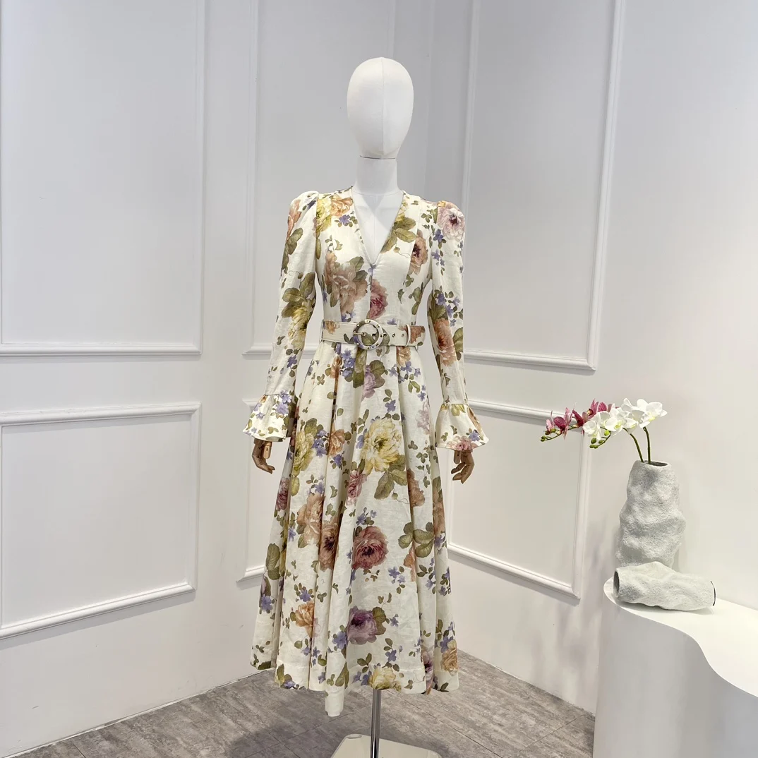 

Женское льняное платье средней длины, винтажное платье с цветочным принтом, длинным Расклешенным рукавом, поясом и складками, лето 2023