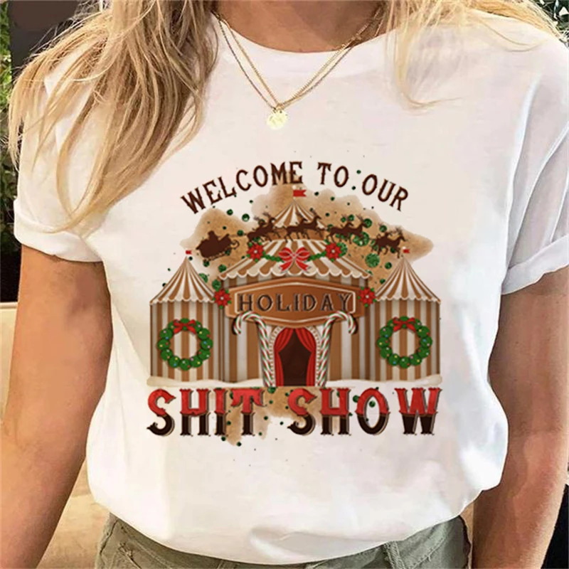 

Новинка Осень Повседневный Топ с коротким рукавом и мультяшным принтом рождественской елки модная летняя женская футболка с мультяшным принтом