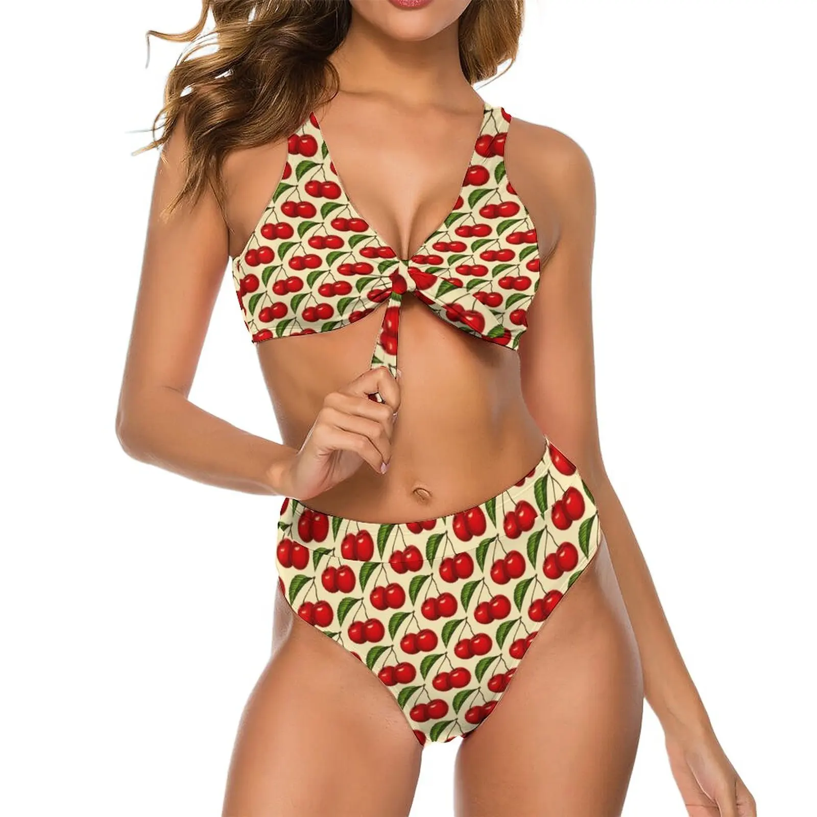 

Cherry Fruit Bikini Swimsuit Green Leaf Print Swimwear Sexy Fantasy Bikinis Set Women Surfing Swimsuits Beach Outfits Gift