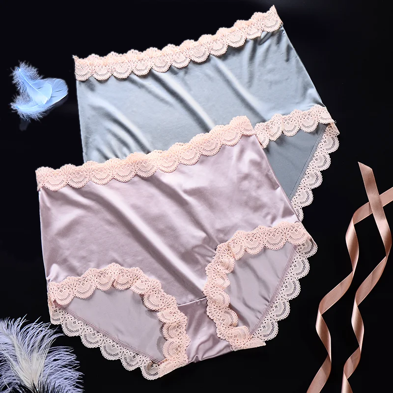 

Women's Satin Panties Large Sizes New Sexy Lace Ruffles Silky Traceless High Waist Seamless Panties Plus Size Female Underwear