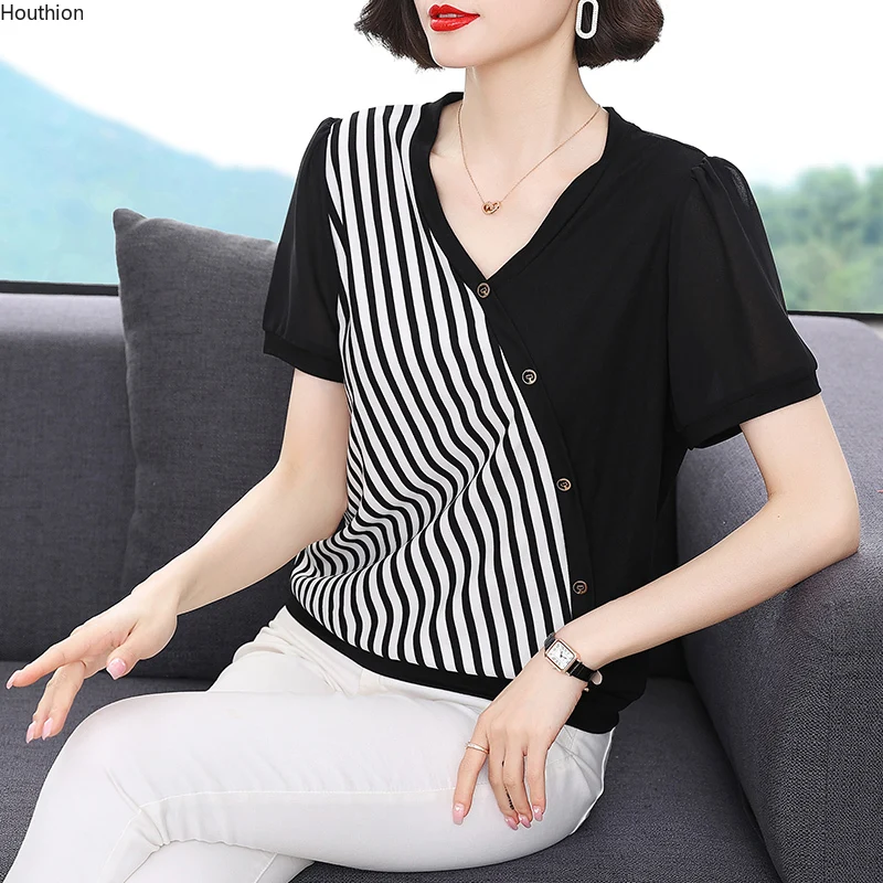 

Women's Blouses Fashion Top V-neck Stripe Casual Shirt Stitching Short Sleeve Korean New Summer Female Clothes Houthion