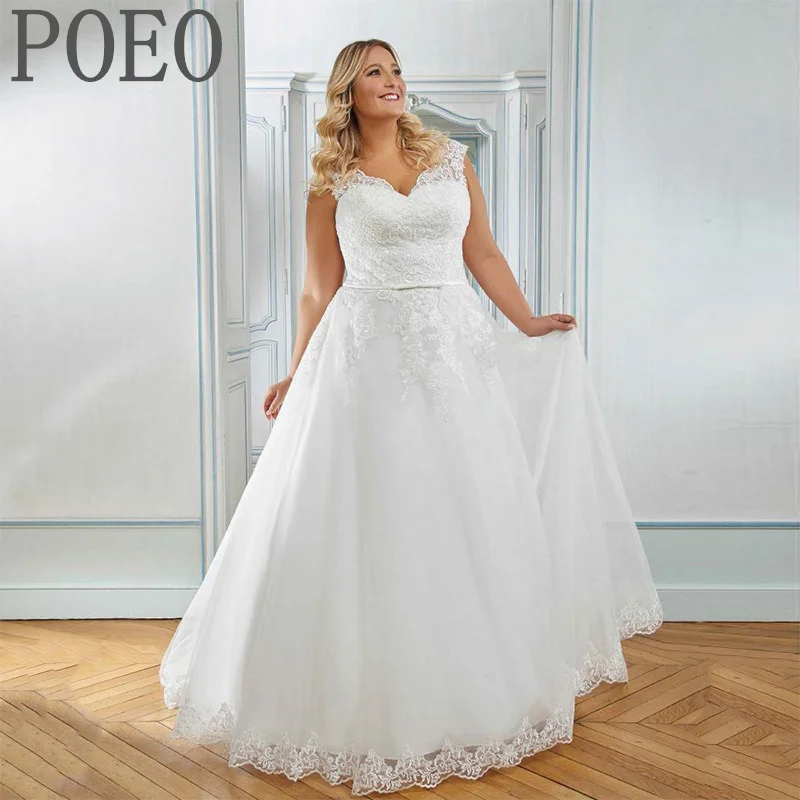 

POEO Plus Size Wedding Dress For Women A-Line V-Neck Sleeveless Romantic Appliqués Vestido De Noiva and Ground Bridal Gown