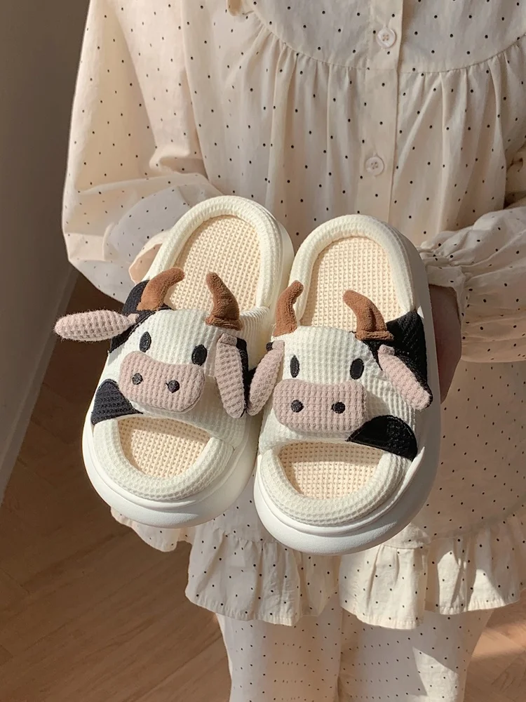 

4cm Thick Bottom Linen Slipper For Women Man Home Non Slip Parent-child Shoes All Seasons Cute Cow Linen Slippers Kids