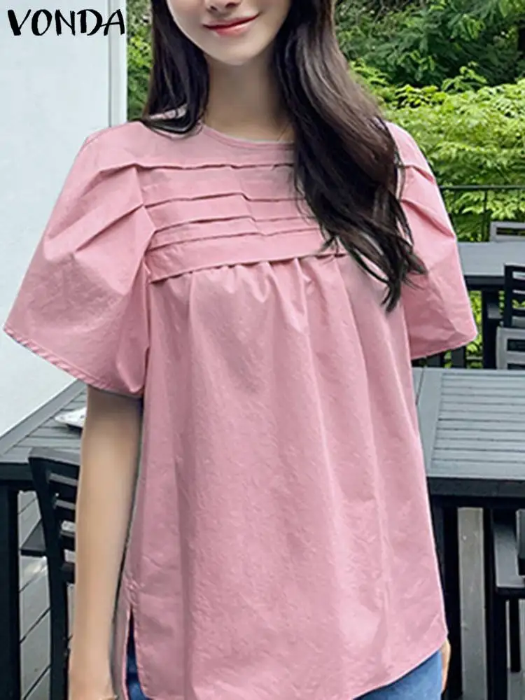 

VONDA Elegant OL Style Blouse Women Fashion Short Sleeve Shirts 2023 Casual Loose Tunic Bohemian Round Neck Tops Blusas Femme