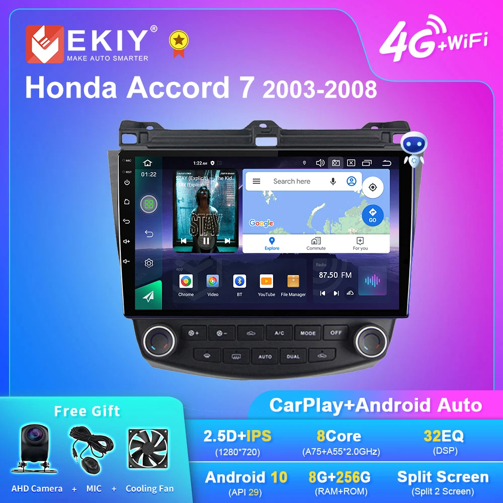 EKIY reproductor Multimedia Q7 para coche  Radio con Android 10.0 estéreo  vídeo  Carplay HU  Blu-ray  IPS BT  No 2DIN  DVD  para Honda Accord 7 2003-2008