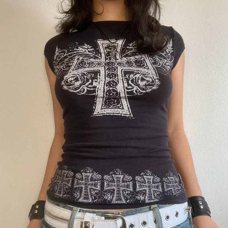 Готические укороченные топы Cyber Grunge Y2K футболки с графикой винтажные рубашки