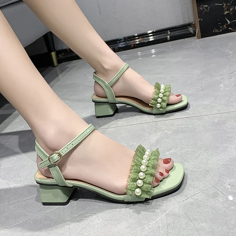 

2022 Sandals All-Match Block Heels Black Shoes for Women New Chunky High Beige Fashion Clear Comfort Pearl Summer Girls Rubber S