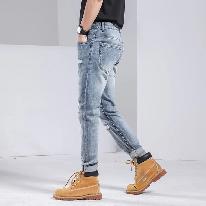 Spring Summer Light Weight Ripped Straight Fashion Street Jeans Men's Casual Stretch Denim Pants Male Mid-waist Trousers