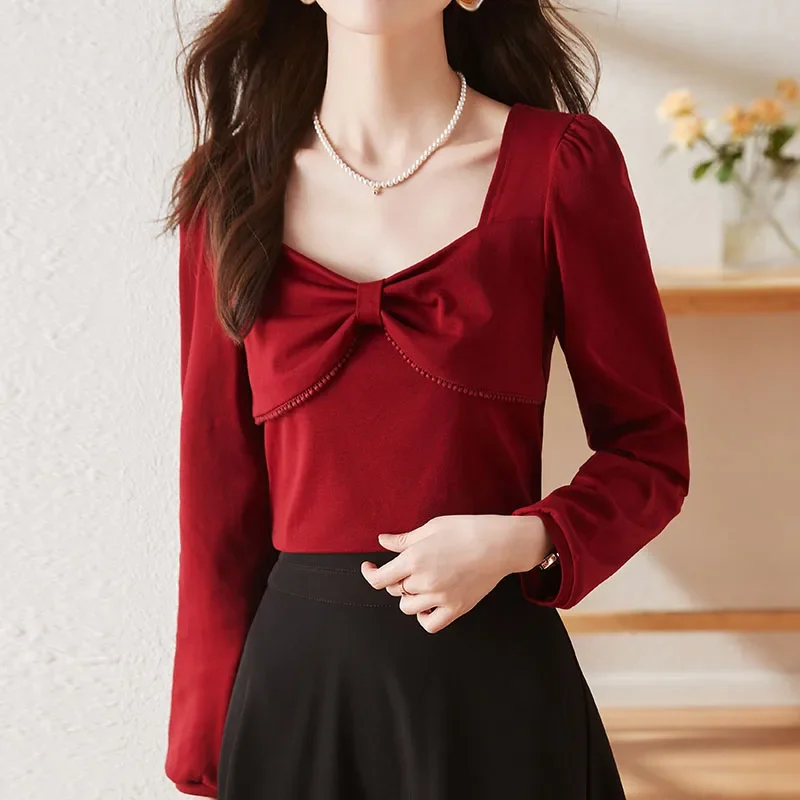 Новая женская блузка с длинным рукавом и бантом квадратным воротником рубашка